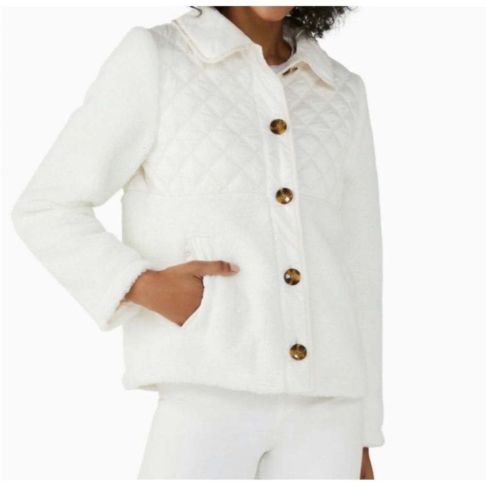 Kate Spade Fleece Quilted Jacket Women XL White Mixed Media Sherpa Old Money